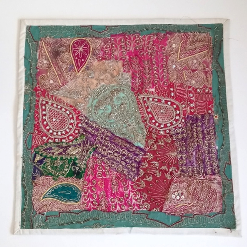 Vintage Antique Patchwork Batik Embroidered Embellished Pillow Sham